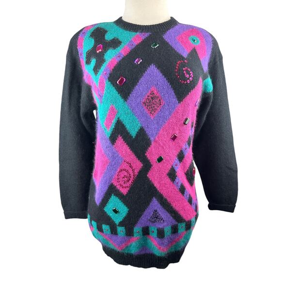 Vtg Retro I.B. Diffusion Artsy Embellished Jeweled Geometric Sweater Size Small - Picture 11 of 12